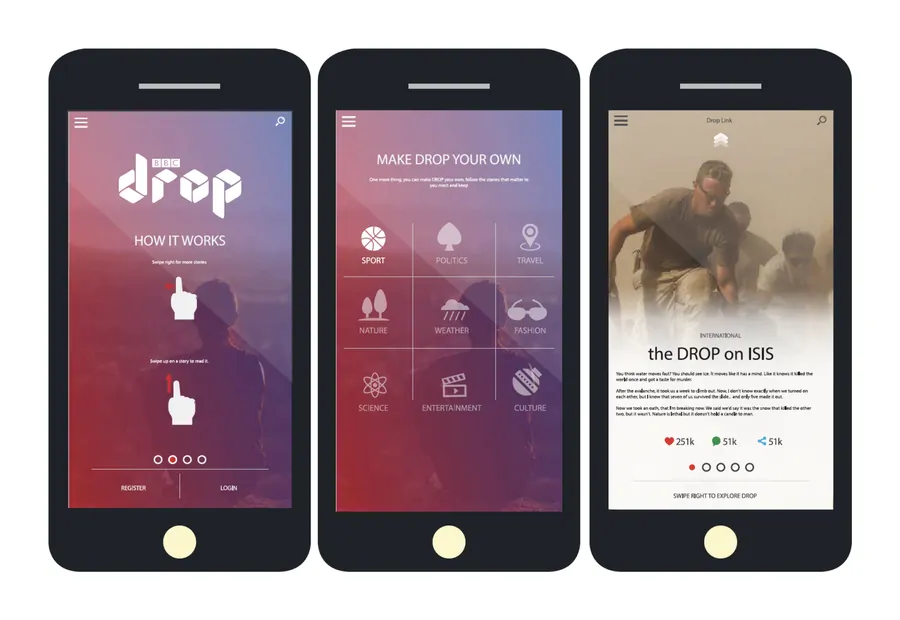Three phones on a pink and purple gradient: How it works, with swipe right for more stories and swipe up to read; Make Drop your own, with categories including Sport, Politics and Culture; and a story, “the DROP on ISIS”, with 251k likes.