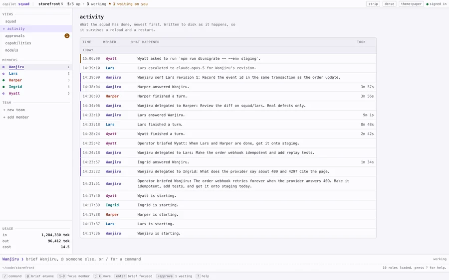 The activity view: a table of what the squad did today, newest first, with columns for time, member, what happened and how long it took. It runs from the five members starting at 14:17 to Wyatt asking to run the staging migration at 15:06.