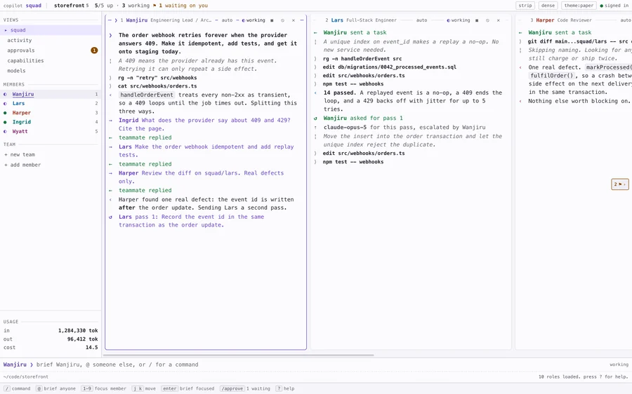 Copilot Squad in the paper theme, with three agents side by side. The status line reads “storefront, 5 of 5 up, 3 working, 1 waiting on you”. Wanjiru, the engineering lead, has split a webhook bug three ways and handed the parts to Ingrid, Lars and Harper. Lars reports 14 tests passing and has been asked for a second pass on claude-opus-5. Harper, the code reviewer, has found one real defect. A marker on the right edge shows two more members off screen, one of them waiting on you.