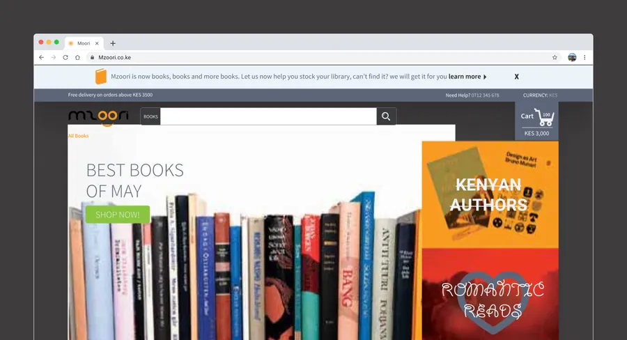 The relaunched Mzoori in a browser: a banner reading “Mzoori is now books, books and more books. Let us now help you stock your library, can’t find it? we will get it for you”, free delivery on orders above KES 3500, a books search, a Best books of May shelf, and Kenyan Authors and Romantic Reads promotions.