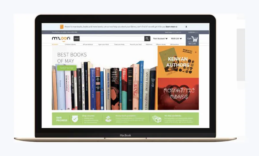 Mzoori 2.0 on a laptop: a books search, Best books of May, Kenyan Authors and Romantic Reads, and the shop’s promises of smart shopping, a money back guarantee and worldwide shipping.