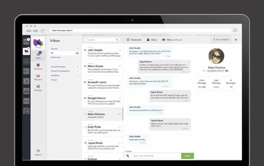 The Ongair dashboard on a laptop: an inbox of customer conversations, a chat in which Agent Bauer answers John Smalls about his order and an expired offer, and a contact card for Mary Marlow showing 48 messages.