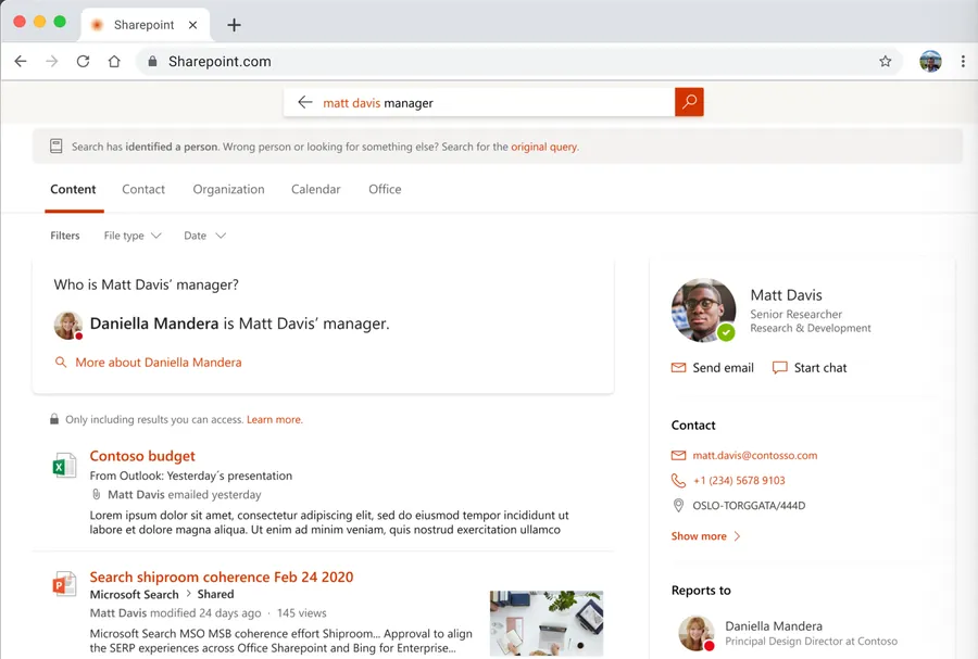 SharePoint search for “matt davis manager”. A note says search has identified a person, above Content, Contact, Organization, Calendar and Office tabs. An answer reads “Daniella Mandera is Matt Davis’ manager.” above shared files, and Matt Davis’ card offers Send email and Start chat, his contact details and who he reports to.