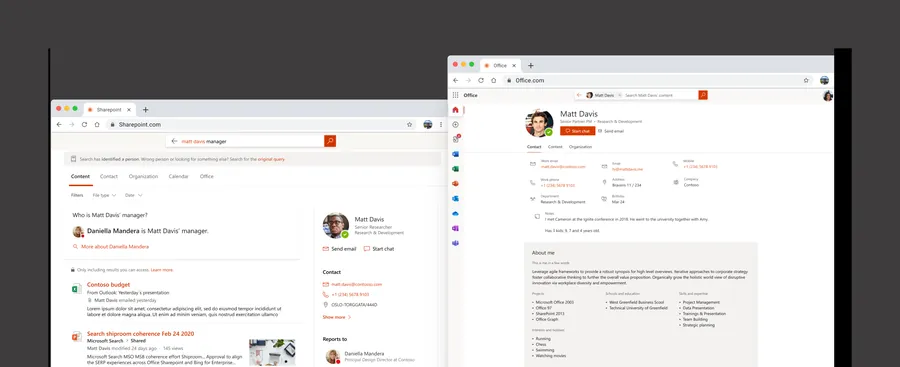 Two screens side by side. In SharePoint, a search for “matt davis manager” answers “Daniella Mandera is Matt Davis’ manager” beside Matt Davis’ contact card and results. On Office.com, his profile as Senior Partner PM shows contact details and About me.
