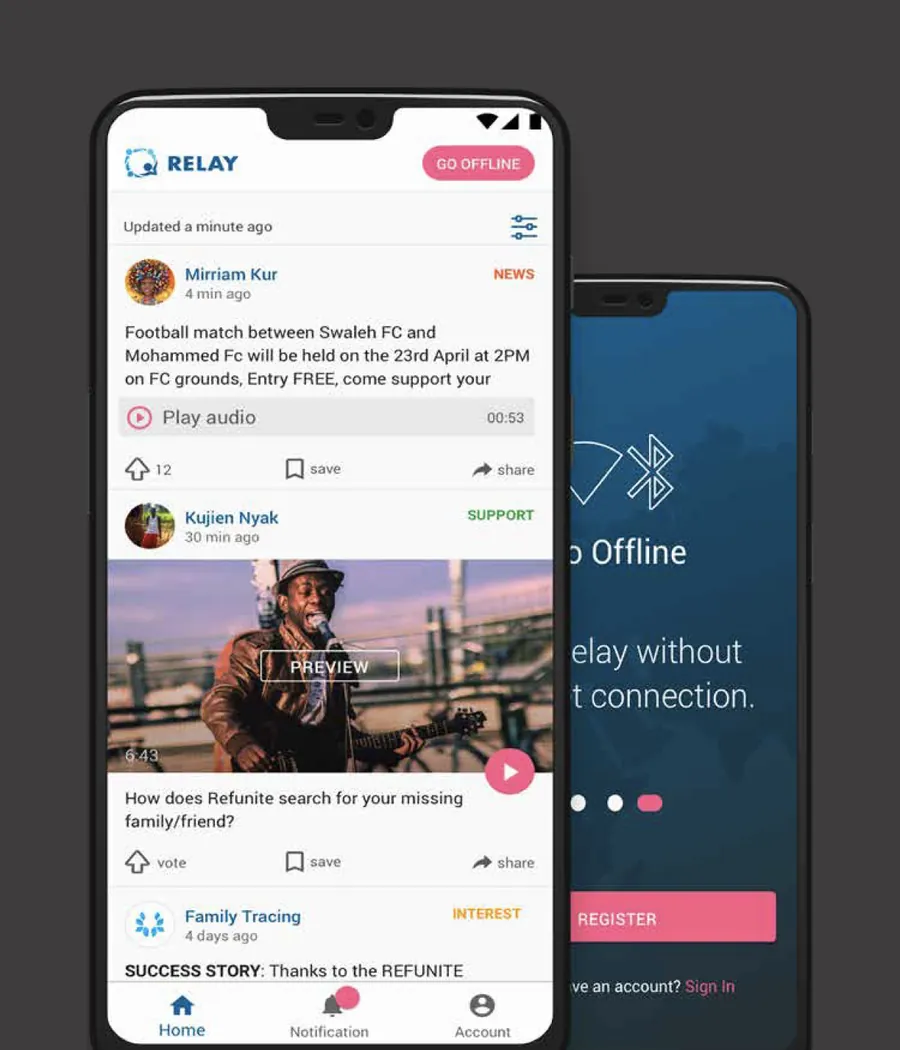 Relay on two phones. The feed, with a Go offline button, shows Mirriam Kur’s news post about a football match between Swaleh FC and Mohammed FC with a 00:53 audio clip, Kujien Nyak’s support video “How does Refunite search for your missing family/friend?” and a Family Tracing success story. Behind it, onboarding explains using Relay without an internet connection.