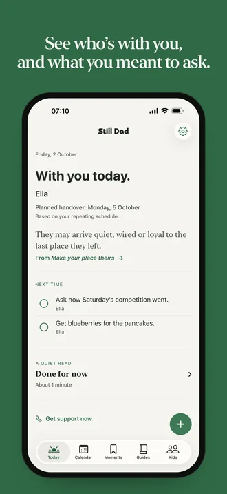 App Store screenshot: “See who’s with you, and what you meant to ask.” Today for Friday 2 October shows “With you today. Ella”, the planned handover on Monday 5 October and the list for next time.