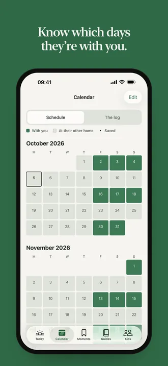 App Store screenshot: “Know which days they’re with you.” The calendar for October and November 2026.