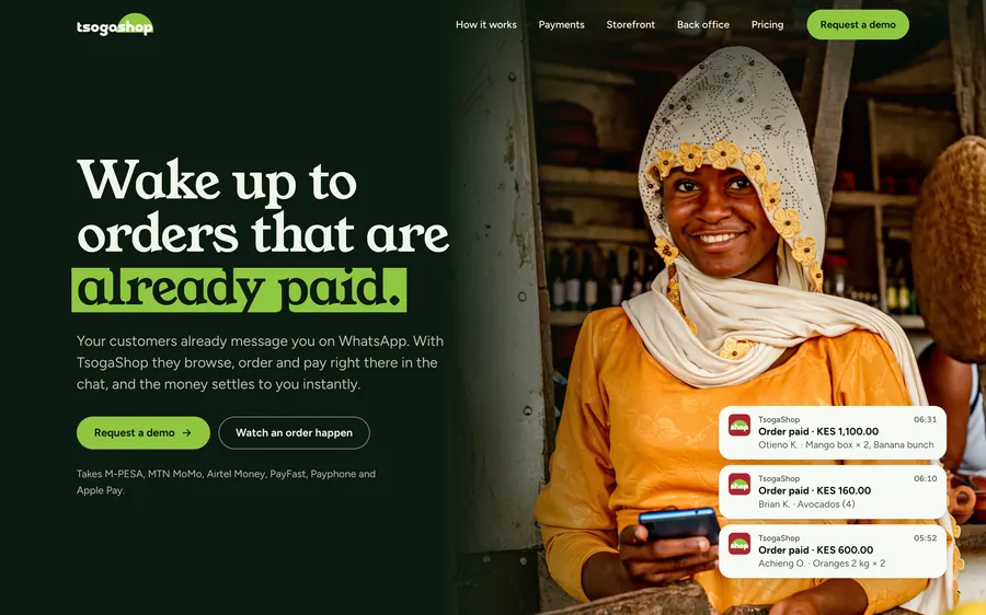 Section 1 on dark green: the headline “Wake up to orders that are already paid.” beside a smiling shopkeeper holding her phone, with “Order paid” notifications for KES 600 at 05:52, KES 160 at 06:10 and KES 1,100 at 06:31.