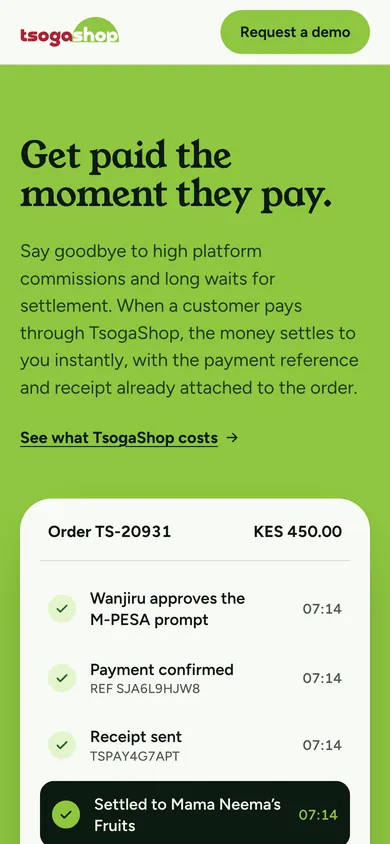 Section 5 on lime: “Get paid the moment they pay.” Order TS-20931 for KES 450.00: Wanjiru approves the M-PESA prompt, the payment is confirmed, the receipt is sent and the money is settled to Mama Neema’s Fruits, all at 07:14.
