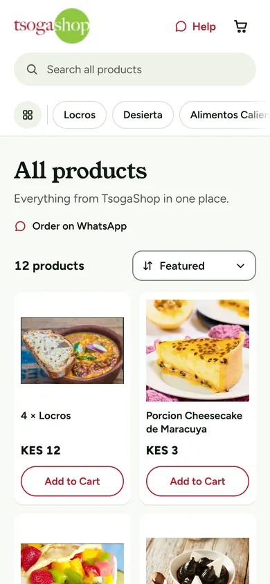 The same storefront on a phone: search, categories, “Order on WhatsApp” and the first two of 12 products.