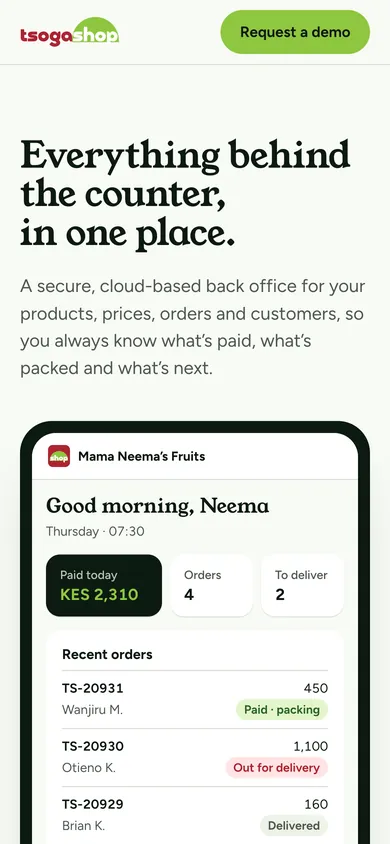 Section 7 on a phone: KES 2,310 paid today, 4 orders, 2 to deliver, and recent orders from Wanjiru M. for 450, Otieno K. for 1,100 and Brian K. for 160.